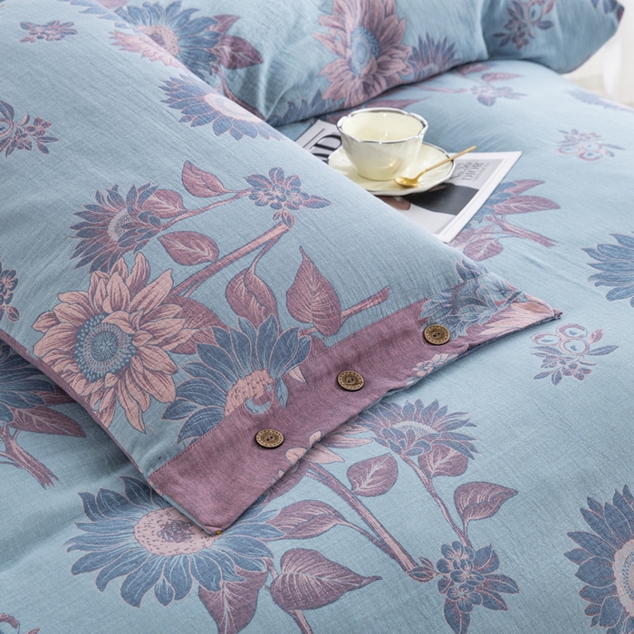 91家纺网 家纺一手货源 找家纺 鲁爱 2025新款全棉色织双层纱纽扣款四件套 一举夺魁-浅兰