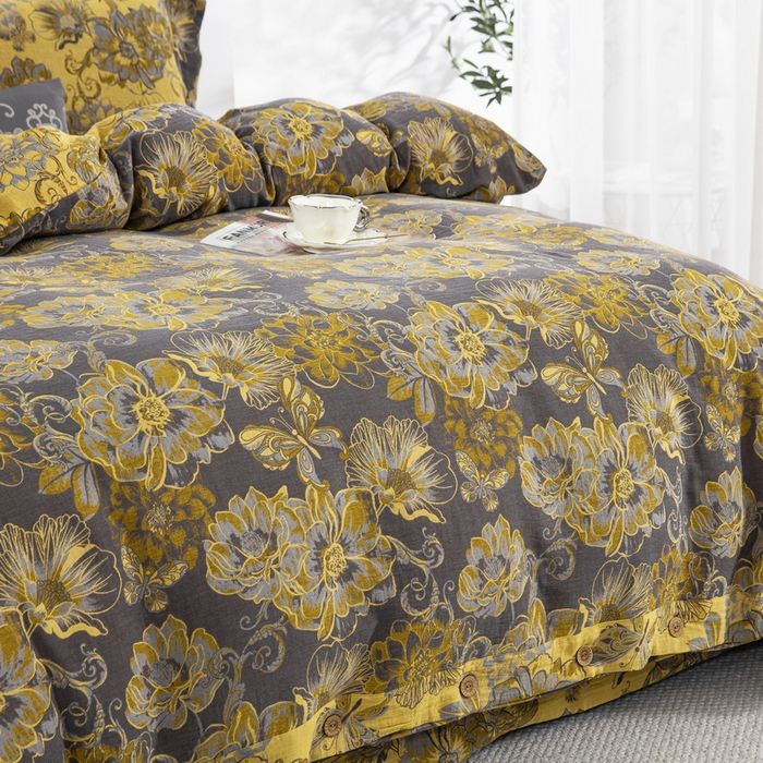 91家纺网 家纺一手货源 找家纺 鲁爱 2025新款全棉色织双层纱纽扣款四件套 花絮-黑金