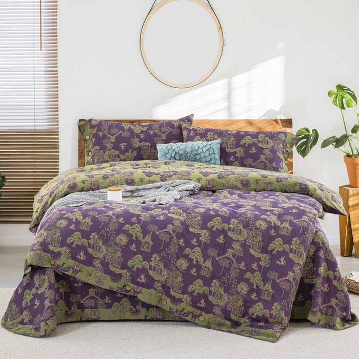 91家纺网 家纺一手货源 找家纺 鲁爱 2025新款全棉色织双层纱纽扣款四件套 蓝调-紫