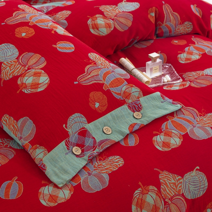 91家纺网 家纺一手货源 找家纺 鲁爱 2025新款全棉色织双层纱纽扣款四件套 子孙满堂-红