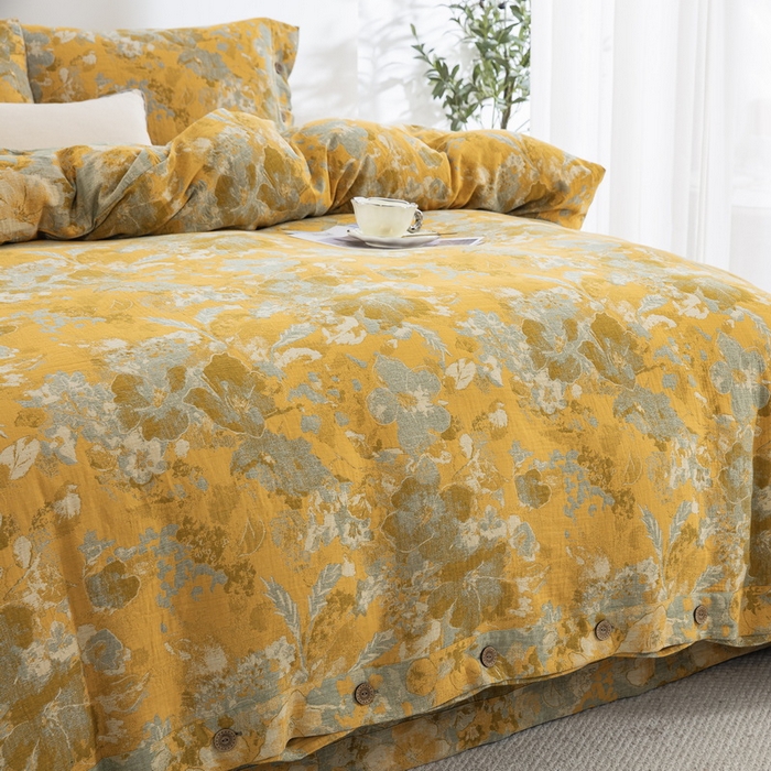 91家纺网 家纺一手货源 找家纺 鲁爱 2025新款全棉色织双层纱纽扣款四件套 流光溢彩-黄