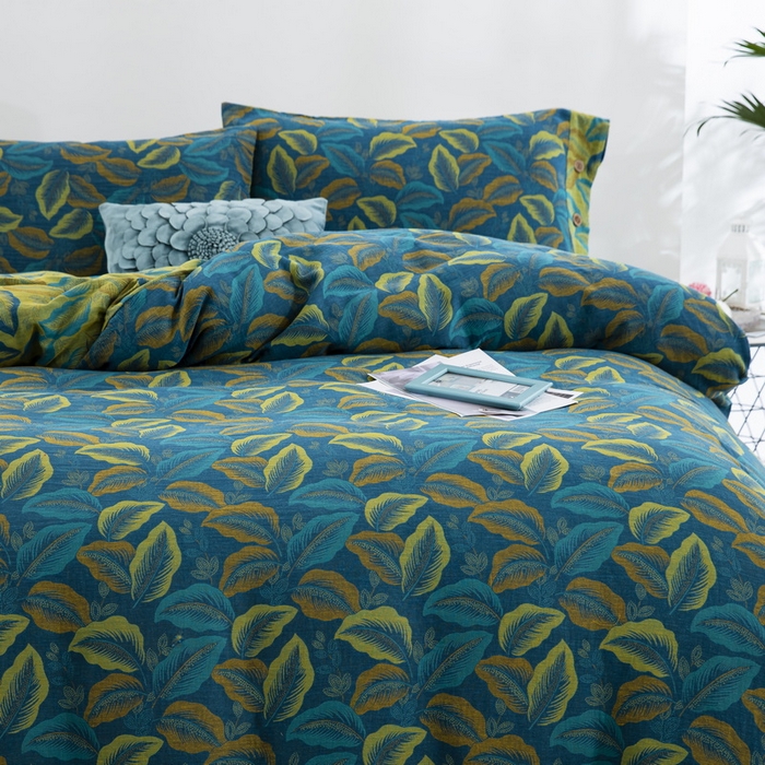 91家纺网 家纺一手货源 找家纺 鲁爱 2025新款全棉色织双层纱纽扣款四件套 叶语柔情-兰