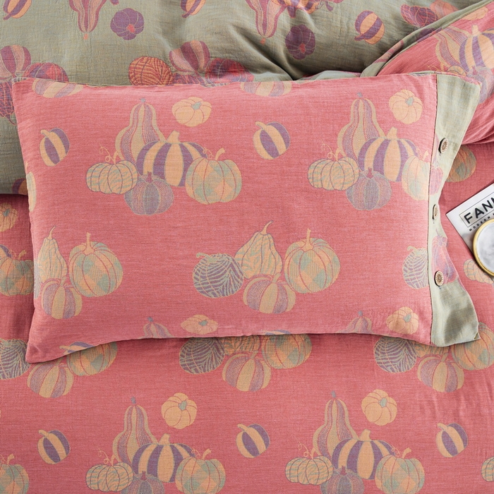 91家纺网 家纺一手货源 找家纺 鲁爱 2025新款全棉色织双层纱纽扣款四件套 子孙满堂-粉