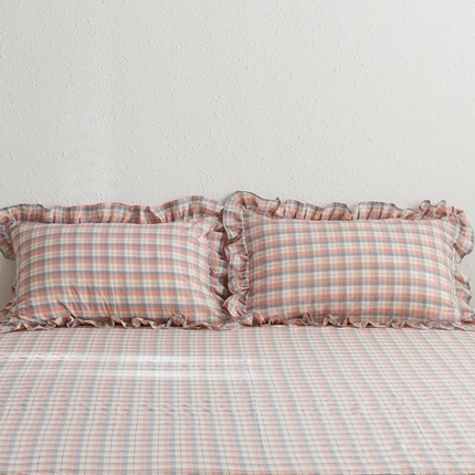 91家纺网 家纺一手货源 找家纺 忘忧草 2024新款全棉格子花边枕套 春风曲-粉