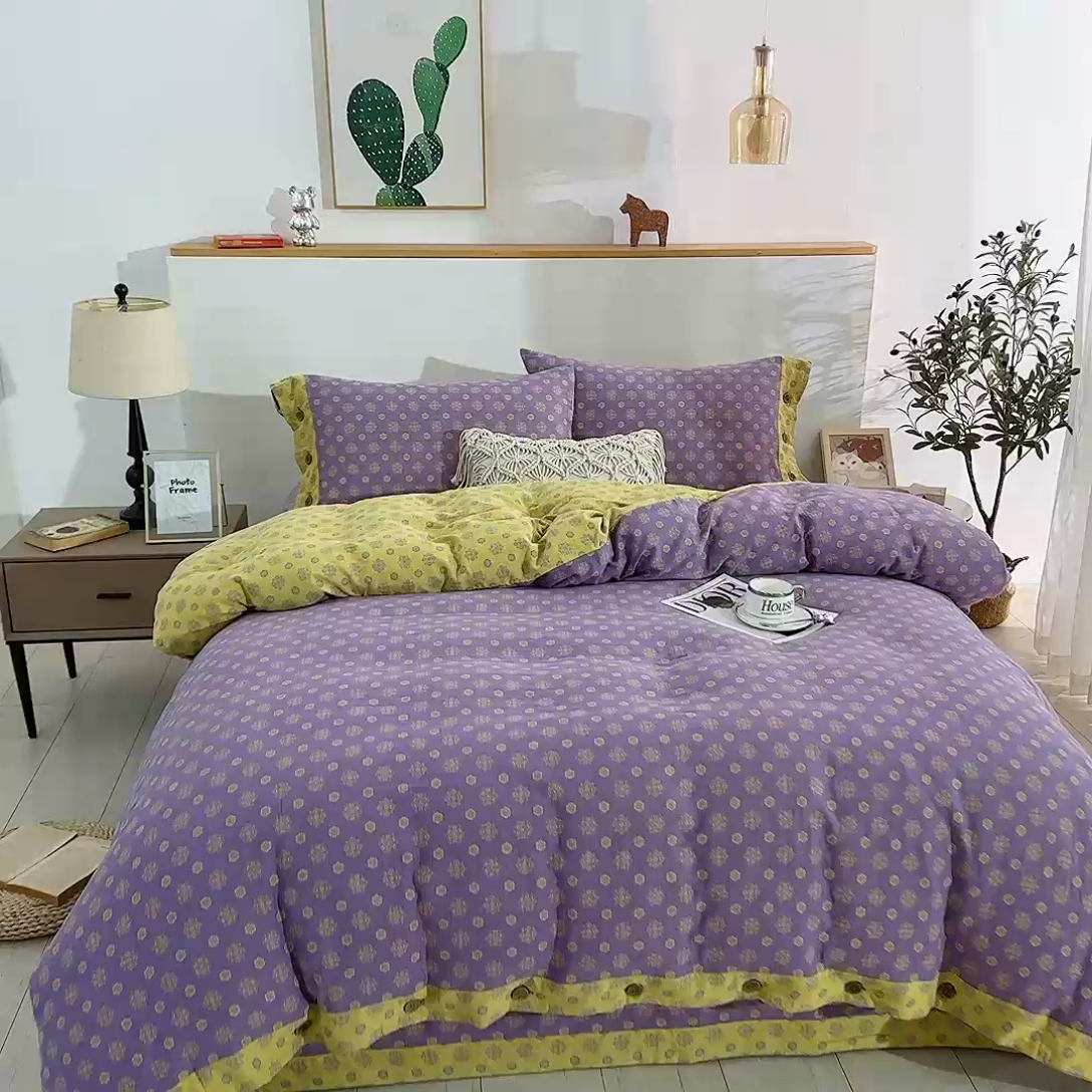 91家纺网 家纺一手货源 找家纺 鲁爱 2025新款全棉色织双层纱纽扣款四件套 幸福星-浅紫