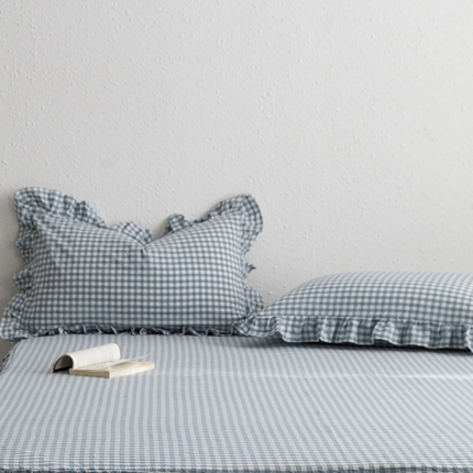 91家纺网 家纺一手货源 找家纺 忘忧草 2024新款全棉格子花边枕套 雅尚-蓝小格
