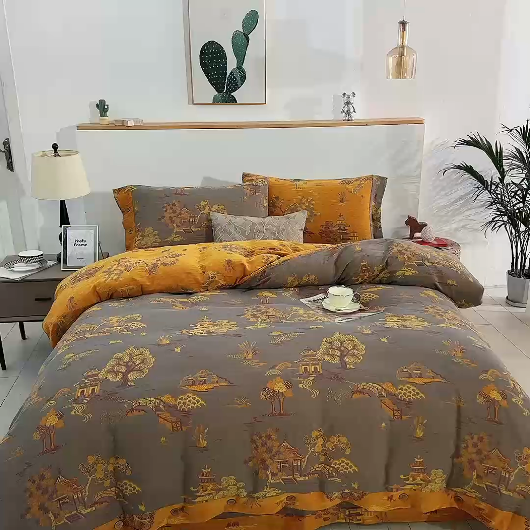 91家纺网 家纺一手货源 找家纺 鲁爱 2025新款全棉色织双层纱纽扣款四件套 逸彩之林-灰