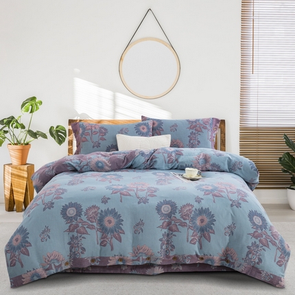 91家纺网 家纺一手货源 找家纺 鲁爱 2025新款全棉色织双层纱纽扣款四件套 一举夺魁-浅兰