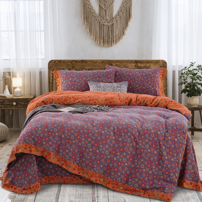 91家纺网 家纺一手货源 找家纺 鲁爱 2025新款全棉色织双层纱纽扣款四件套 花香四溢-紫罗兰