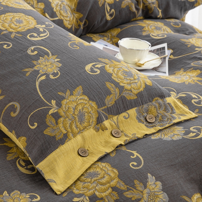 91家纺网 家纺一手货源 找家纺 鲁爱 2025新款全棉色织双层纱纽扣款四件套 一路生花-黑金