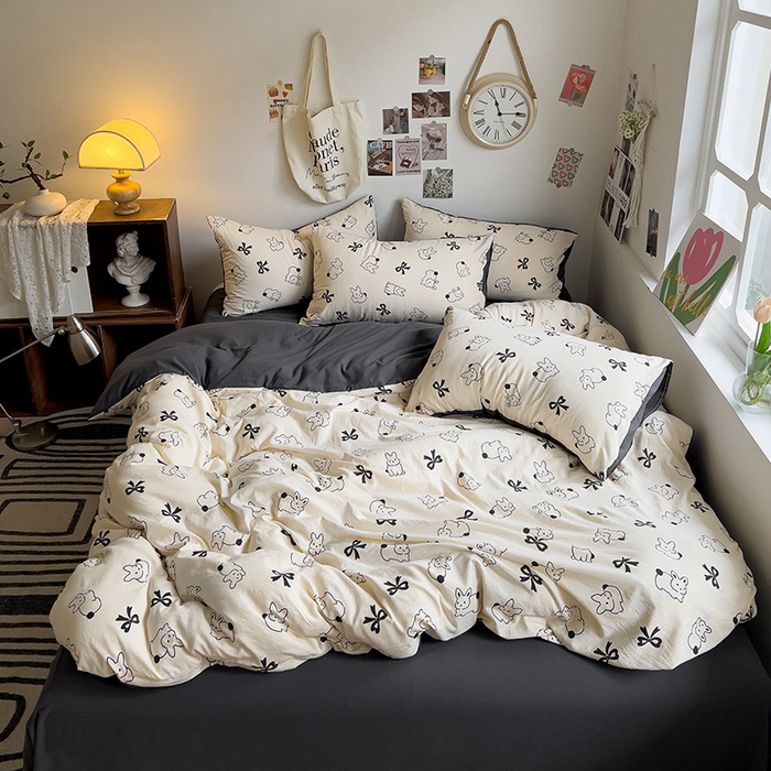 91家纺网 家纺一手货源 找家纺 梦卓家纺 2025新款亲肤超柔印花水洗棉四件套 奔跑小兔