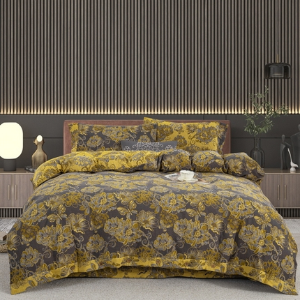 鲁爱 2025新款全棉色织双层纱纽扣款四件套 花絮-黑金