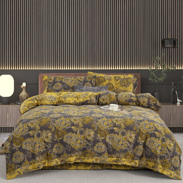 91家纺网 家纺一手货源 找家纺 鲁爱 2025新款全棉色织双层纱纽扣款四件套 花絮-黑金