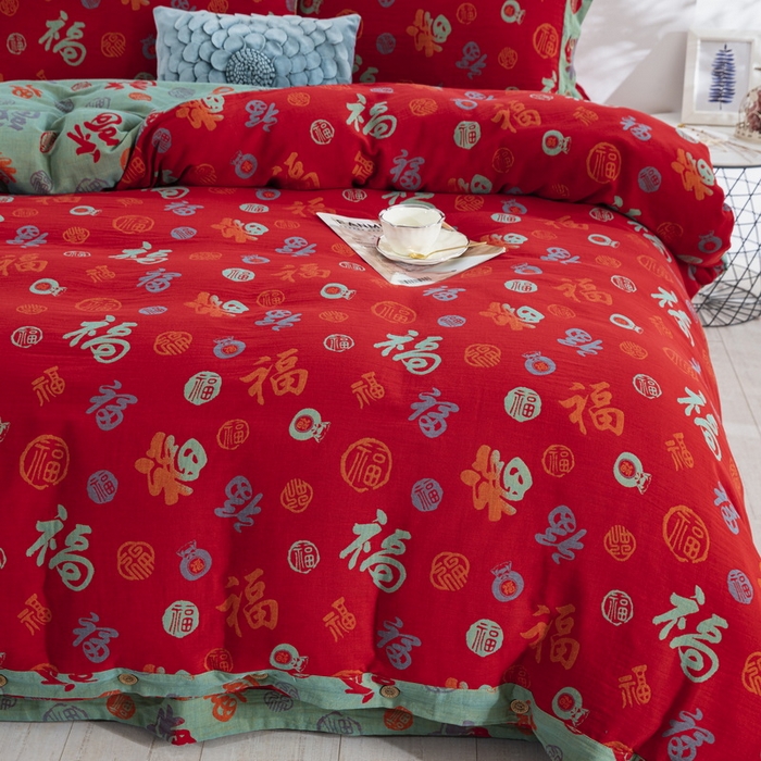 91家纺网 家纺一手货源 找家纺 鲁爱 2025新款全棉色织双层纱纽扣款四件套 新百福