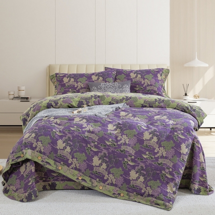 鲁爱 2025新款全棉色织双层纱纽扣款四件套 烟雨湖畔-紫