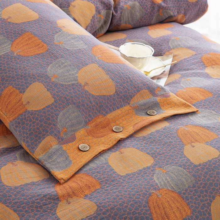 91家纺网 家纺一手货源 找家纺 鲁爱 2025新款全棉色织双层纱纽扣款四件套 南瓜-兰