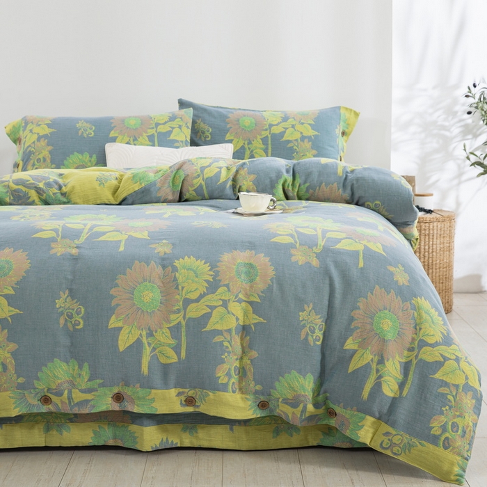 91家纺网 家纺一手货源 找家纺 鲁爱 2025新款全棉色织双层纱纽扣款四件套 一举夺魁-灰黄