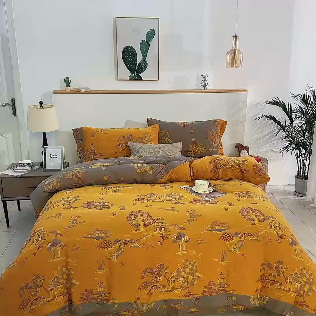 91家纺网 家纺一手货源 找家纺 鲁爱 2025新款全棉色织双层纱纽扣款四件套 逸彩之林-黄