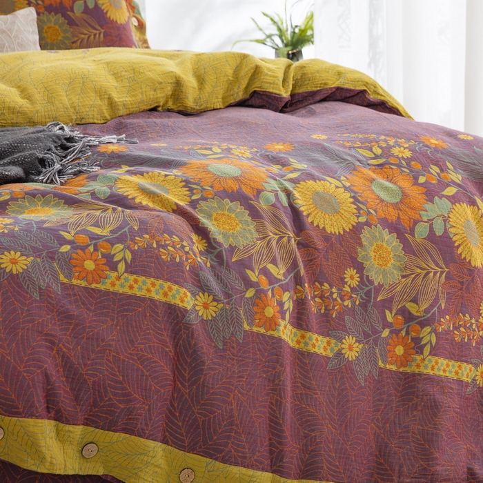 91家纺网 家纺一手货源 找家纺 鲁爱 2025新款全棉色织双层纱纽扣款四件套 花开半夏-紫罗兰