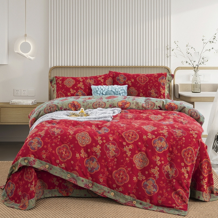 91家纺网 家纺一手货源 找家纺 鲁爱 2025新款全棉色织双层纱纽扣款四件套 金玉满堂-红