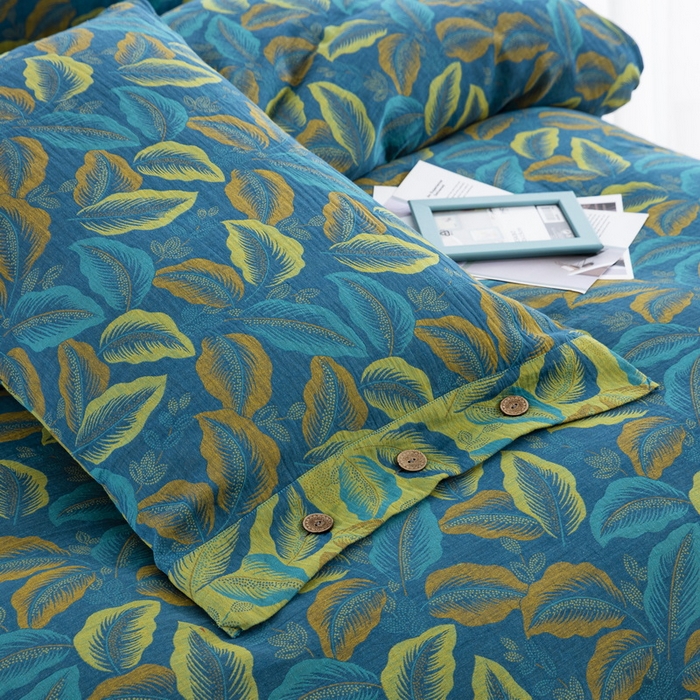 91家纺网 家纺一手货源 找家纺 鲁爱 2025新款全棉色织双层纱纽扣款四件套 叶语柔情-兰