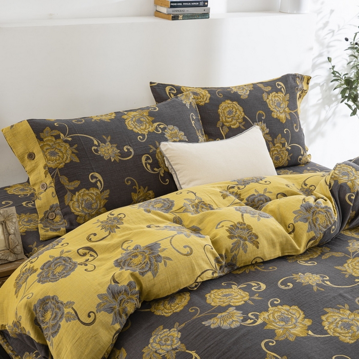 91家纺网 家纺一手货源 找家纺 鲁爱 2025新款全棉色织双层纱纽扣款四件套 一路生花-黑金