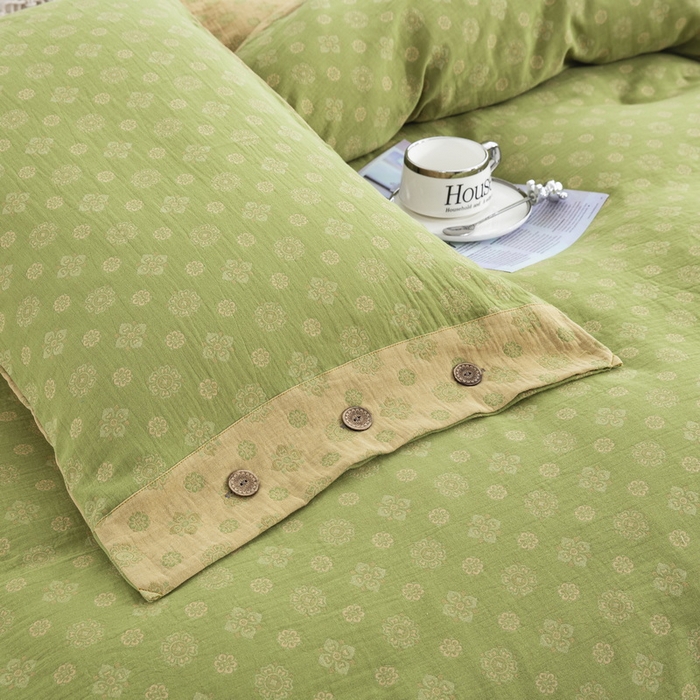 91家纺网 家纺一手货源 找家纺 鲁爱 2025新款全棉色织双层纱纽扣款四件套 幸福星-绿