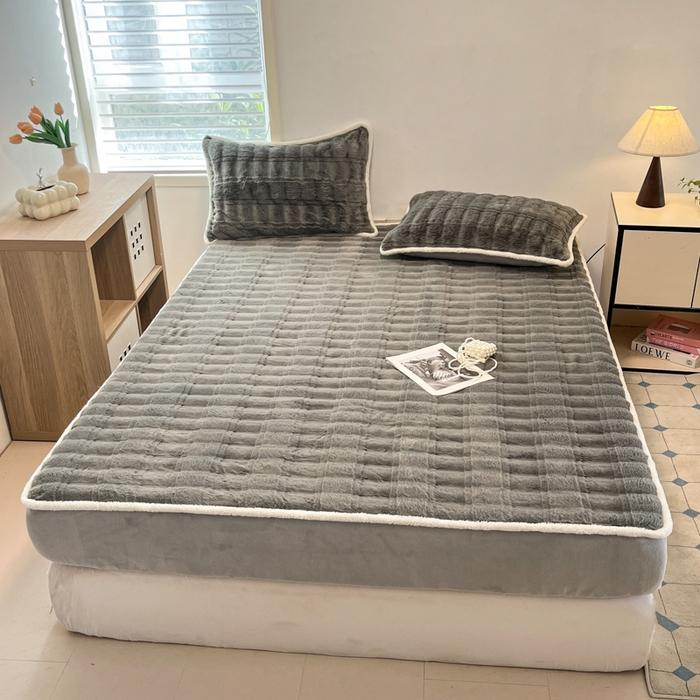 91家纺网 家纺一手货源 找家纺 琪格格纺织 2024新款加厚320克兔毛绒全包床笠 兔毛绒床笠-极光灰