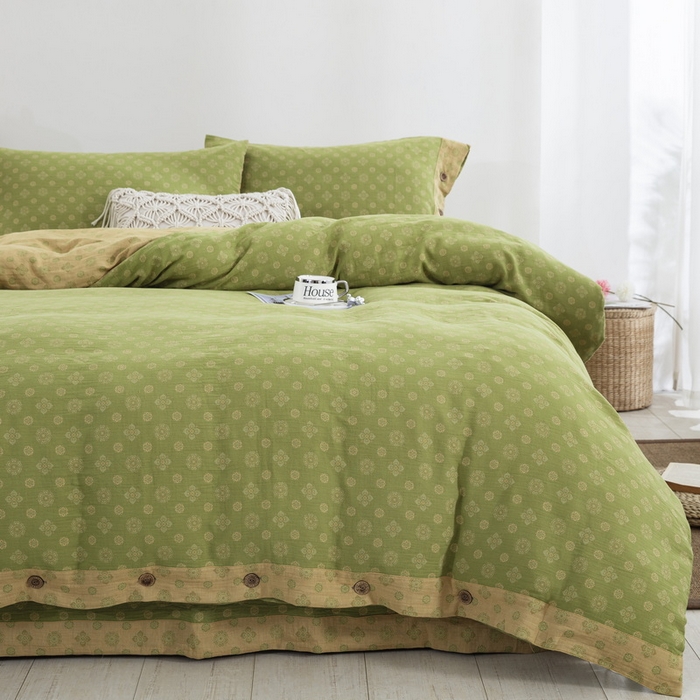 91家纺网 家纺一手货源 找家纺 鲁爱 2025新款全棉色织双层纱纽扣款四件套 幸福星-绿