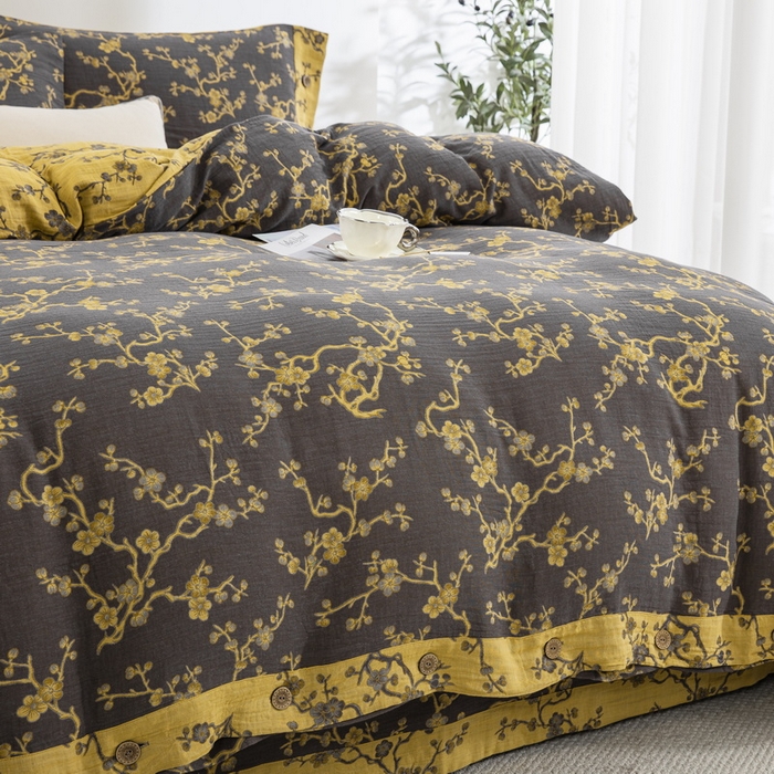 91家纺网 家纺一手货源 找家纺 鲁爱 2025新款全棉色织双层纱纽扣款四件套 梅醉春秋-黑金