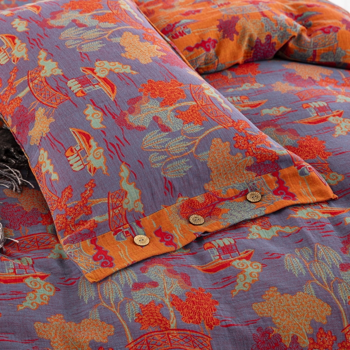 91家纺网 家纺一手货源 找家纺 鲁爱 2025新款全棉色织双层纱纽扣款四件套 烟雨湖畔-紫罗兰