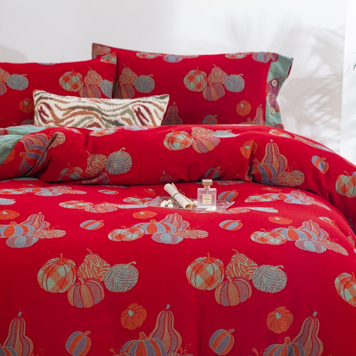 91家纺网 家纺一手货源 找家纺 鲁爱 2025新款全棉色织双层纱纽扣款四件套 子孙满堂-红