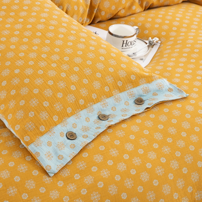 91家纺网 家纺一手货源 找家纺 鲁爱 2025新款全棉色织双层纱纽扣款四件套 幸福星-黄