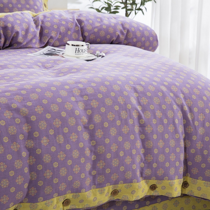 91家纺网 家纺一手货源 找家纺 鲁爱 2025新款全棉色织双层纱纽扣款四件套 幸福星-浅紫