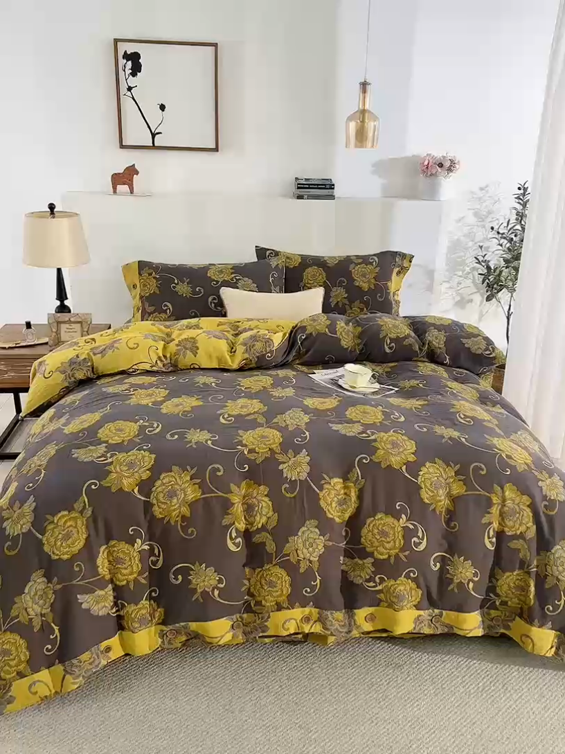 91家纺网 家纺一手货源 找家纺 鲁爱 2025新款全棉色织双层纱纽扣款四件套 一路生花-黑金