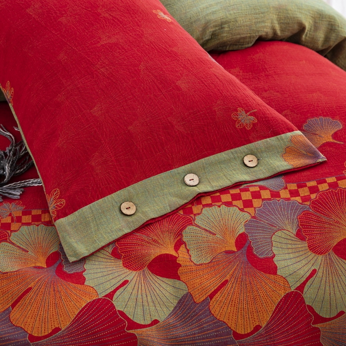 91家纺网 家纺一手货源 找家纺 鲁爱 2025新款全棉色织双层纱纽扣款四件套 银彬乡恋-红