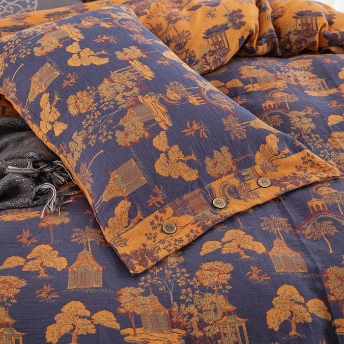 91家纺网 家纺一手货源 找家纺 鲁爱 2025新款全棉色织双层纱纽扣款四件套 蓝调-深兰