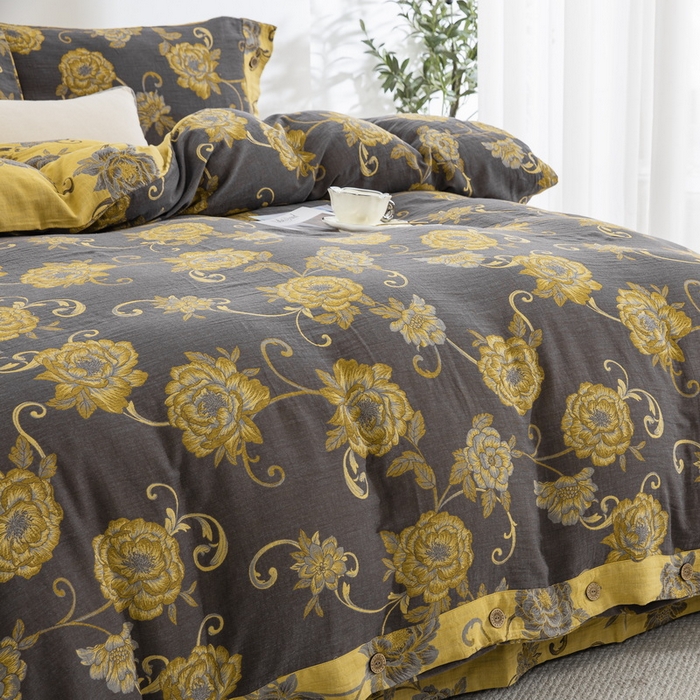 91家纺网 家纺一手货源 找家纺 鲁爱 2025新款全棉色织双层纱纽扣款四件套 一路生花-黑金