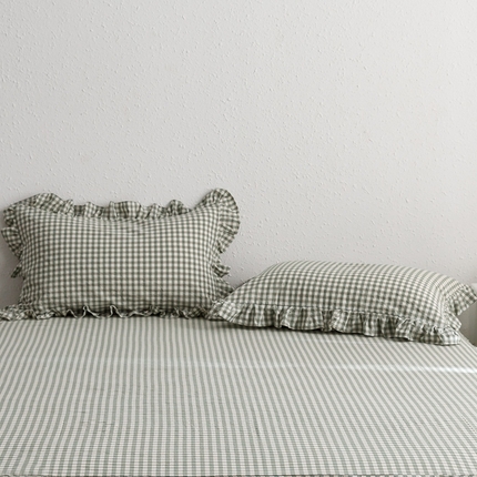 91家纺网 家纺一手货源 找家纺 忘忧草 2024新款全棉格子花边枕套 雅尚-绿小格