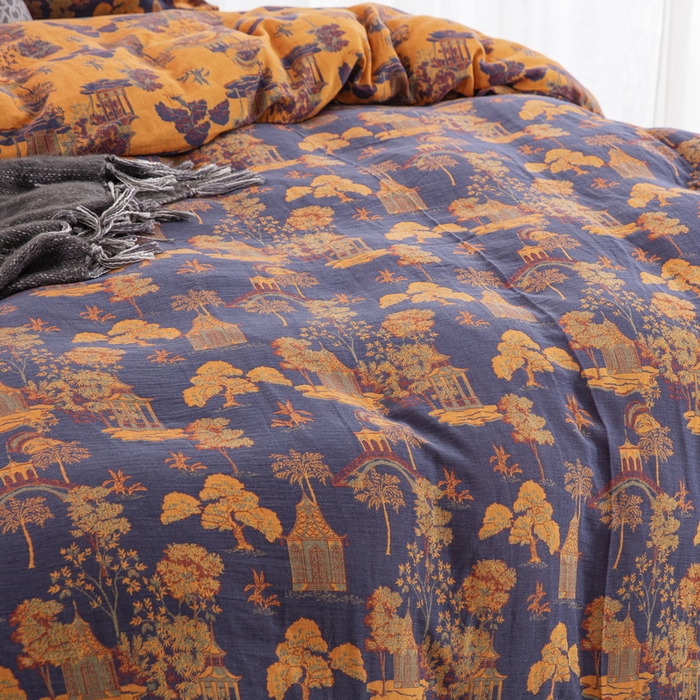 91家纺网 家纺一手货源 找家纺 鲁爱 2025新款全棉色织双层纱纽扣款四件套 蓝调-深兰