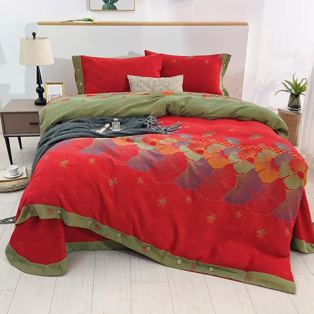 91家纺网 家纺一手货源 找家纺 鲁爱 2025新款全棉色织双层纱纽扣款四件套 银彬乡恋-红