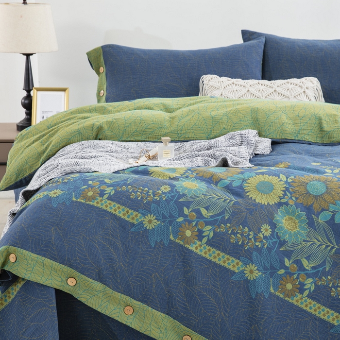 91家纺网 家纺一手货源 找家纺 鲁爱 2025新款全棉色织双层纱纽扣款四件套 花开半夏-兰