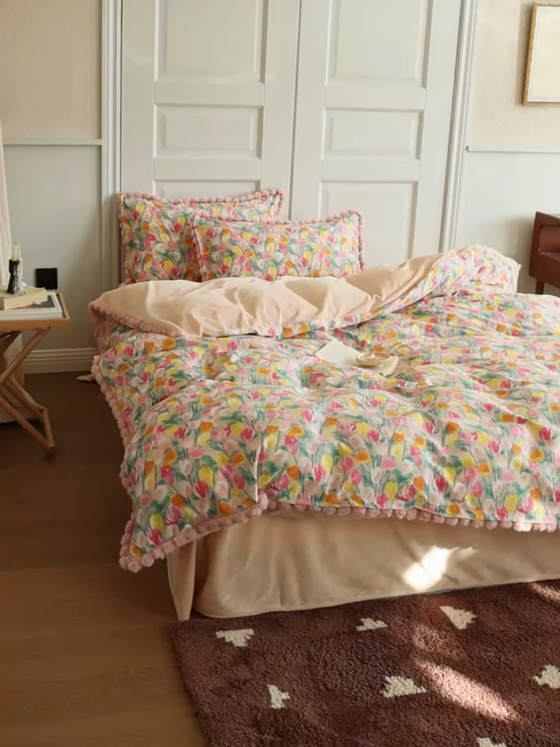 91家纺网 家纺一手货源 找家纺 棉眠 2024新款棉加绒毛球款四件套第二批 玫瑰故事（棉加绒）