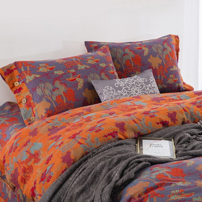 91家纺网 家纺一手货源 找家纺 鲁爱 2025新款全棉色织双层纱纽扣款四件套 烟雨湖畔-紫罗兰