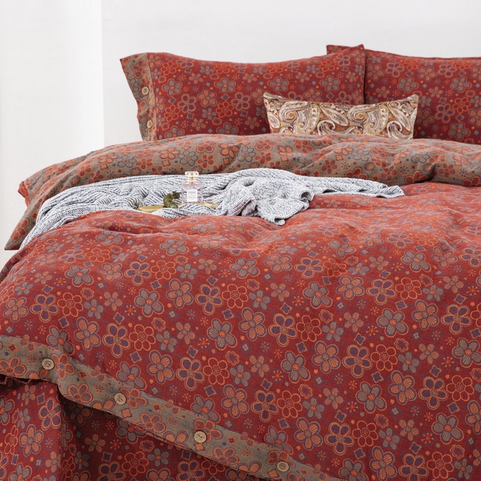 91家纺网 家纺一手货源 找家纺 鲁爱 2025新款全棉色织双层纱纽扣款四件套 泽丽-酒红