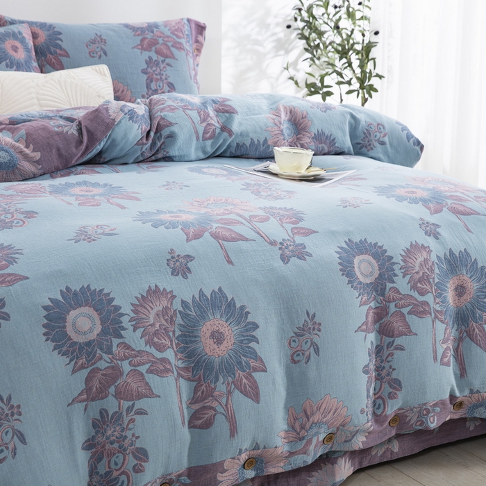 91家纺网 家纺一手货源 找家纺 鲁爱 2025新款全棉色织双层纱纽扣款四件套 一举夺魁-浅兰