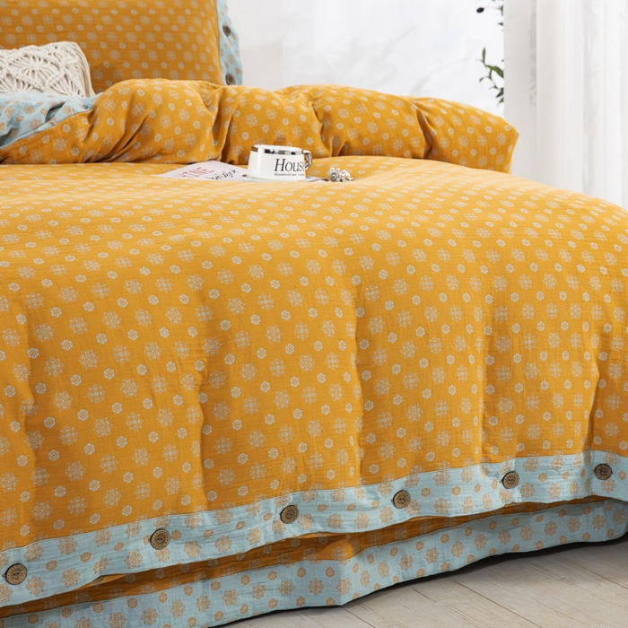 91家纺网 家纺一手货源 找家纺 鲁爱 2025新款全棉色织双层纱纽扣款四件套 幸福星-黄