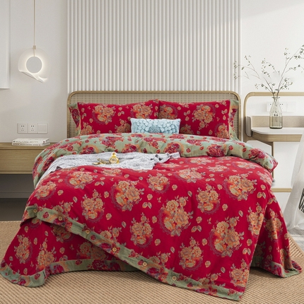 91家纺网 家纺一手货源 找家纺 鲁爱 2025新款全棉色织双层纱纽扣款四件套 潘之花园-红