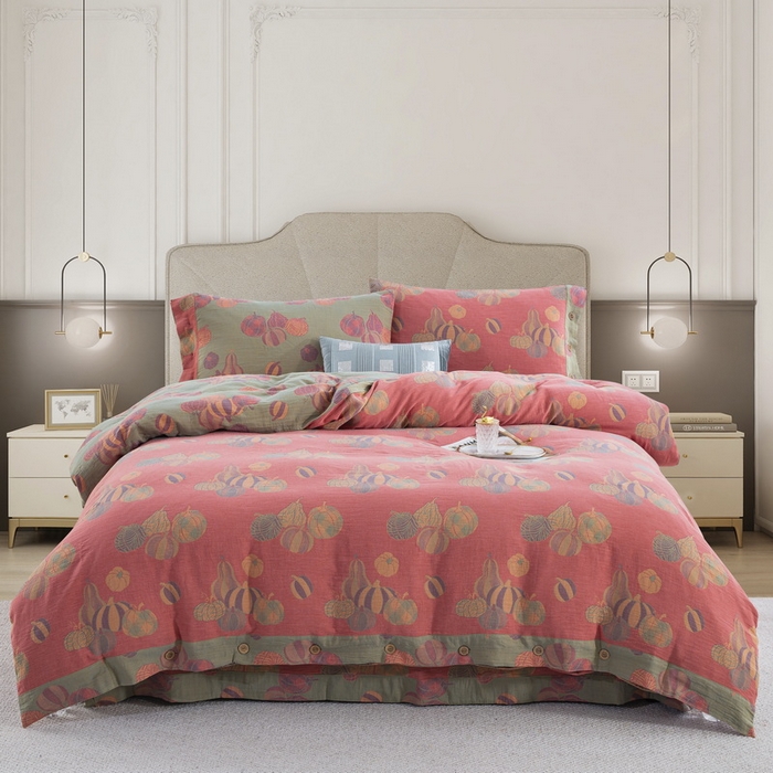 91家纺网 家纺一手货源 找家纺 鲁爱 2025新款全棉色织双层纱纽扣款四件套 子孙满堂-粉