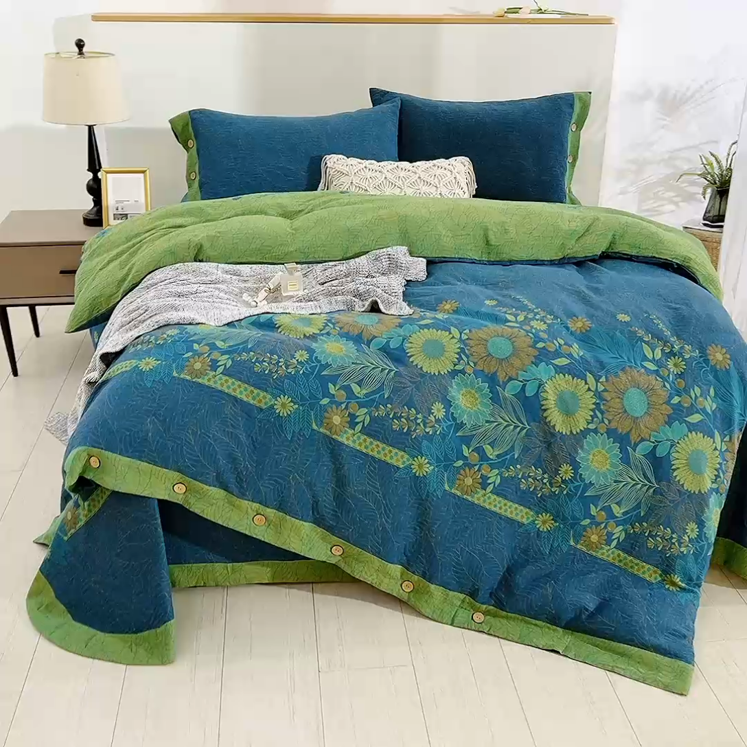 91家纺网 家纺一手货源 找家纺 鲁爱 2025新款全棉色织双层纱纽扣款四件套 花开半夏-兰